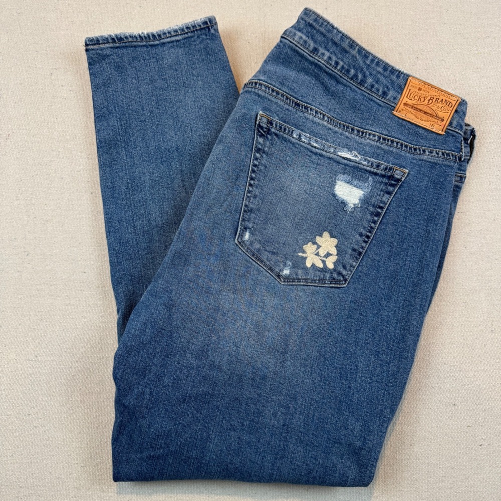 Lucky Brand 18W Lolita Skinny Jeans Womens Blue Floral Embroidered Distressed